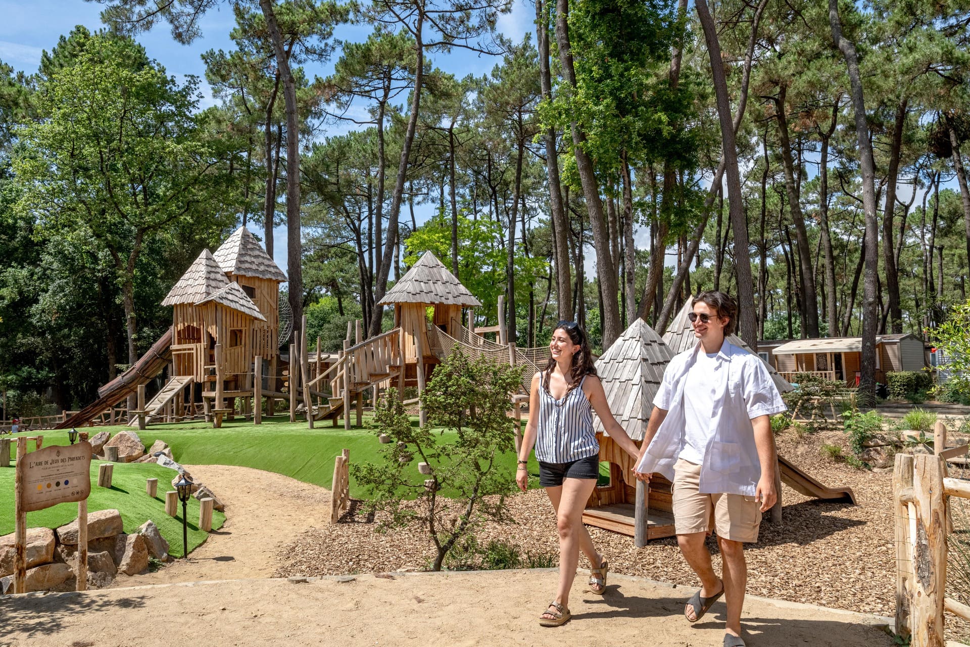 Farfadets playground at Camping Au Bois des Biches, inspired by the magical world of fairy tales and legends, perfect for little adventurers.