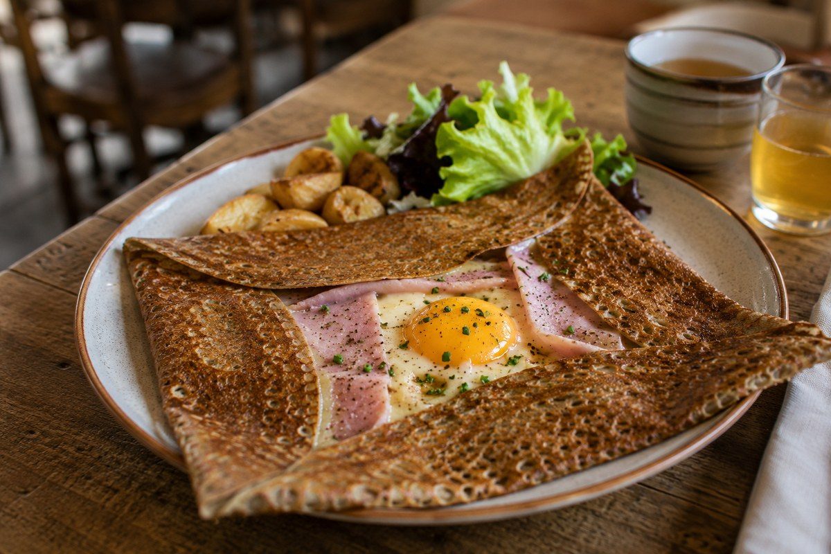 Galette complète de sarrasin, salade et bolée de cidre, servie dans une crêperie